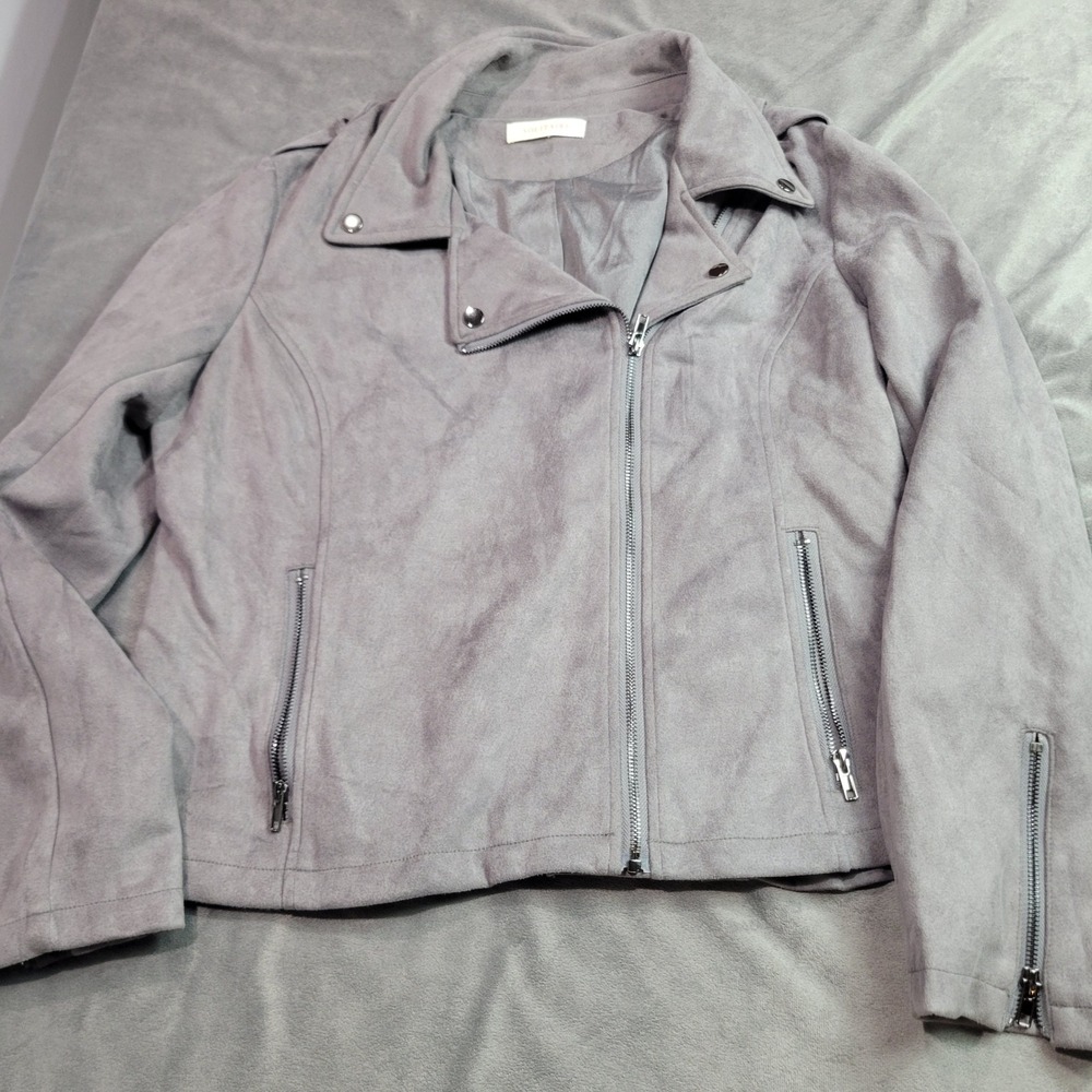 Solitaire Womens Grey‎ Faux Suede Moto Biker Jacket Zip Pockets Size L 20-483